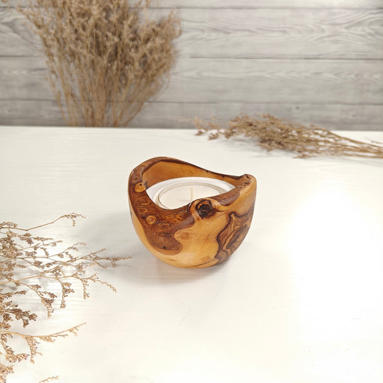 Teelicht-Kerze in Olivenholzschale, TR-S-00110, D 10cm, 60mm Teelicht