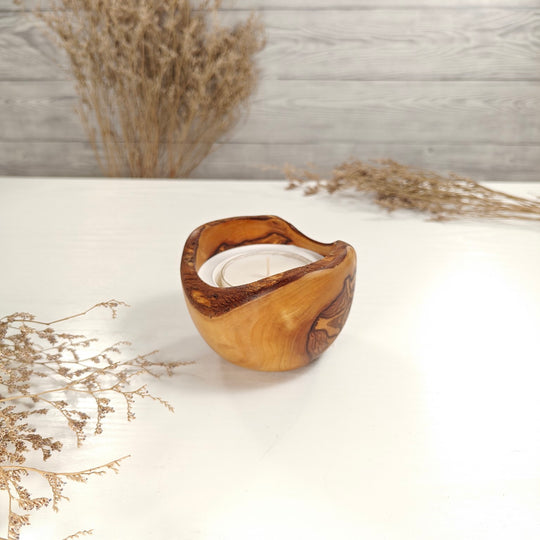 Teelicht-Kerze in Olivenholzschale, TR-S-00110, D 10cm, 60mm Teelicht