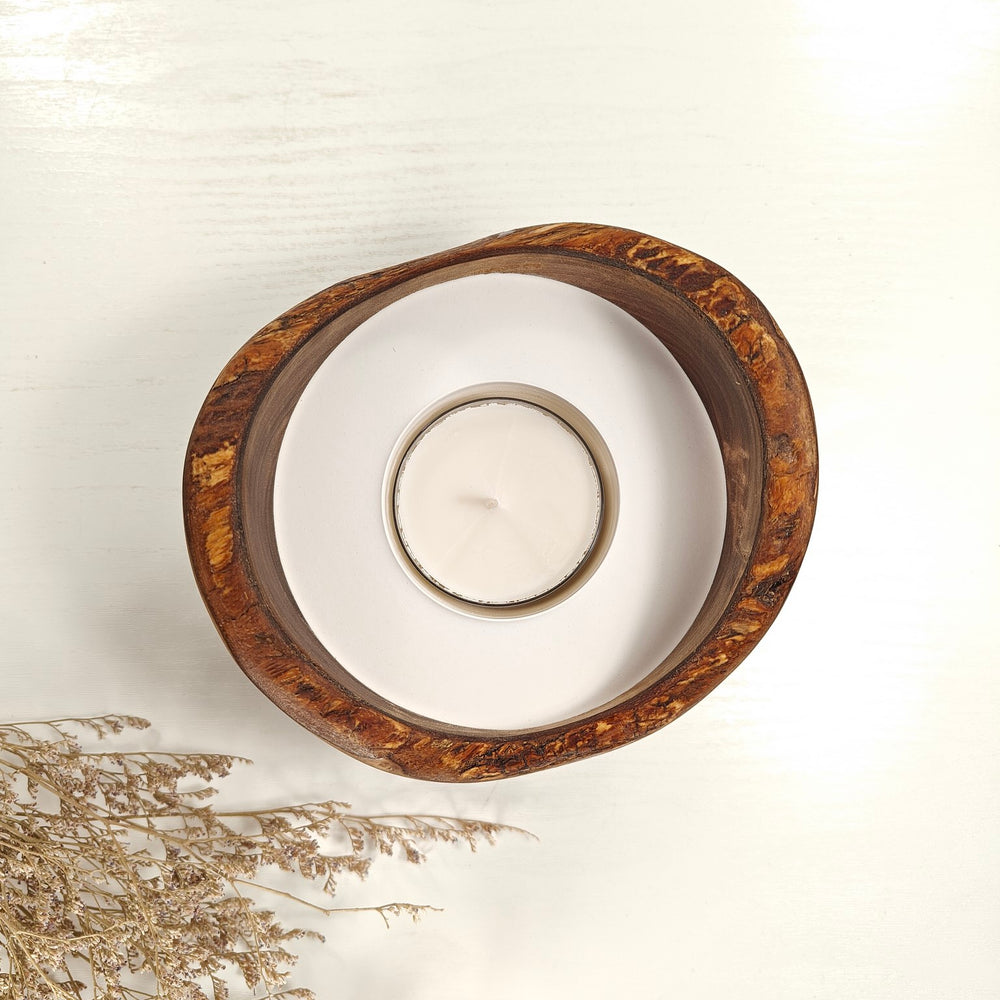 Teelicht in Olivenholzschale, TRC-L-00033, D 14cm, 60mm Teelicht