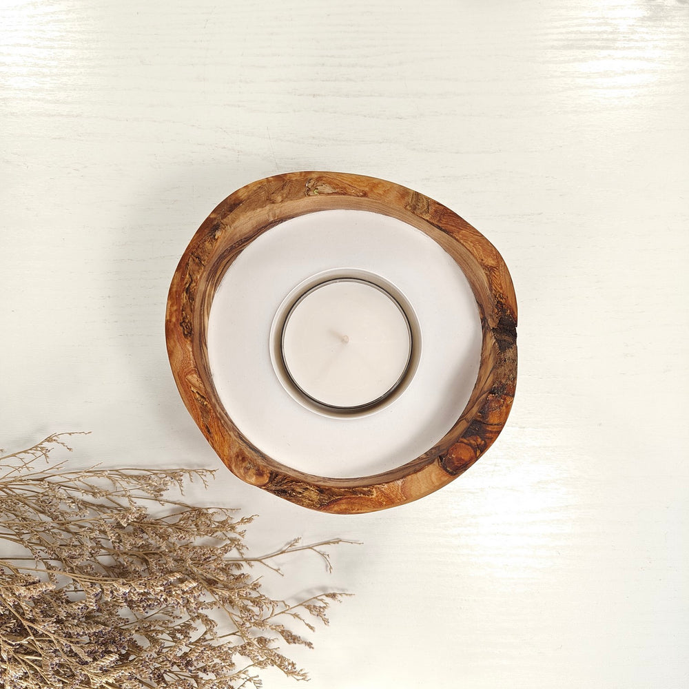 Teelicht in Olivenholzschale, TRC-L-00020, D 14cm, 60mm Teelicht