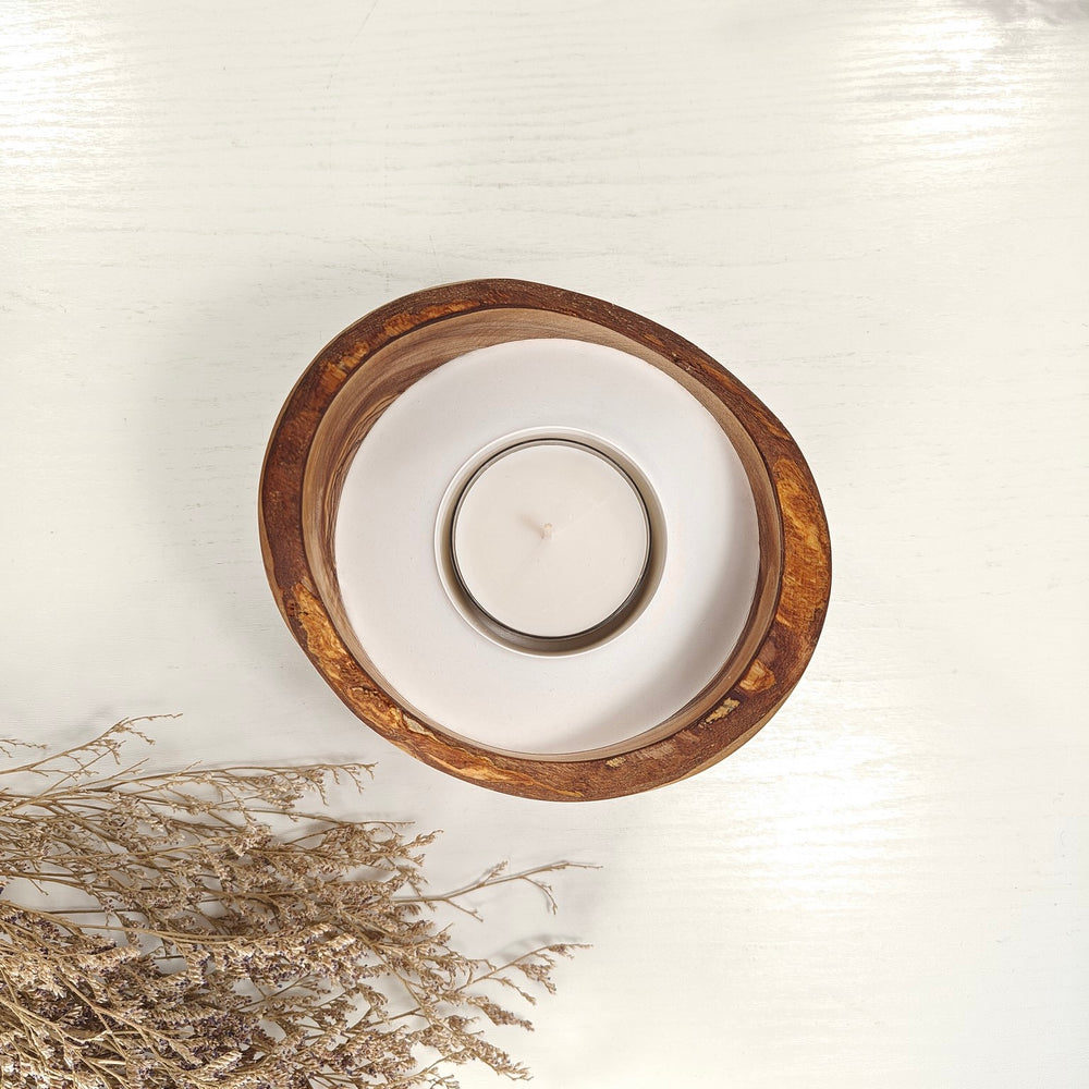 Teelicht in Olivenholzschale, TRC-L-00026, D 14cm, 60mm Teelicht