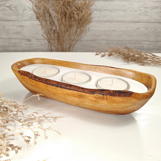 Teelicht-Kerze in Olivenholz-Boot, BRTC-L-00008, L 29cm, 60mm Teelicht