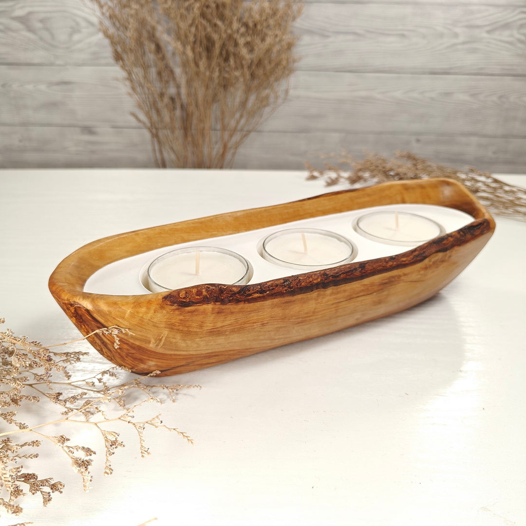 Teelicht-Kerze in Olivenholz-Boot, BRTC-L-00008, L 29cm, 60mm Teelicht