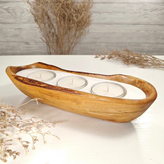 Teelicht-Kerze in Olivenholz-Boot, BRTC-L-00008, L 29cm, 60mm Teelicht