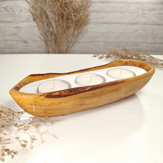 Teelicht-Kerze in Olivenholz-Boot, BRTC-L-00008, L 29cm, 60mm Teelicht