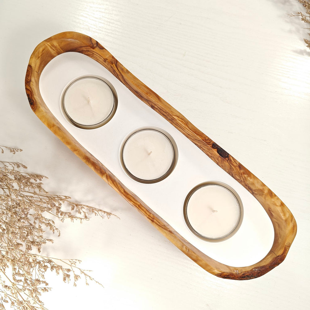 Teelicht-Kerze in Olivenholz-Boot, BRTC-L-00009, L 33cm, 60mm Teelicht