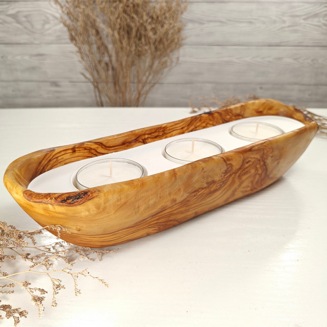 Teelicht-Kerze in Olivenholz-Boot, BRTC-L-00009, L 33cm, 60mm Teelicht