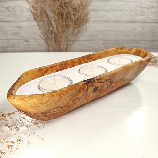 Teelicht-Kerze in Olivenholz-Boot, BRTC-L-00009, L 33cm, 60mm Teelicht