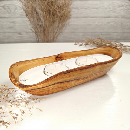 Teelicht-Kerze in Olivenholz-Boot, BRTC-L-00010, L 29cm, 60mm Teelicht