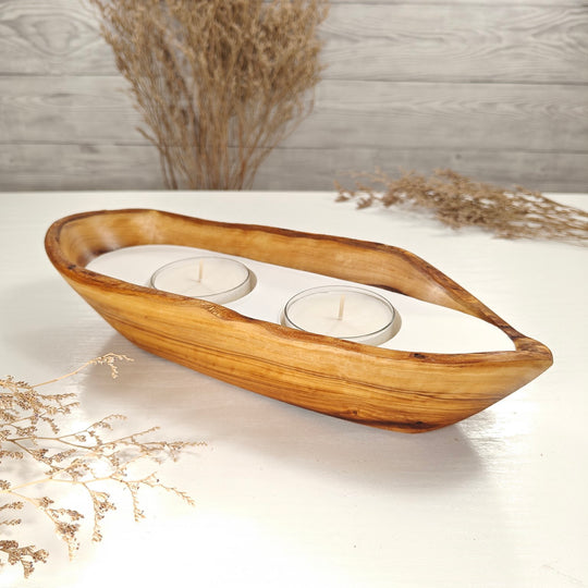 Teelicht-Kerze in Olivenholz-Boot, BRTC-L-00010, L 29cm, 60mm Teelicht