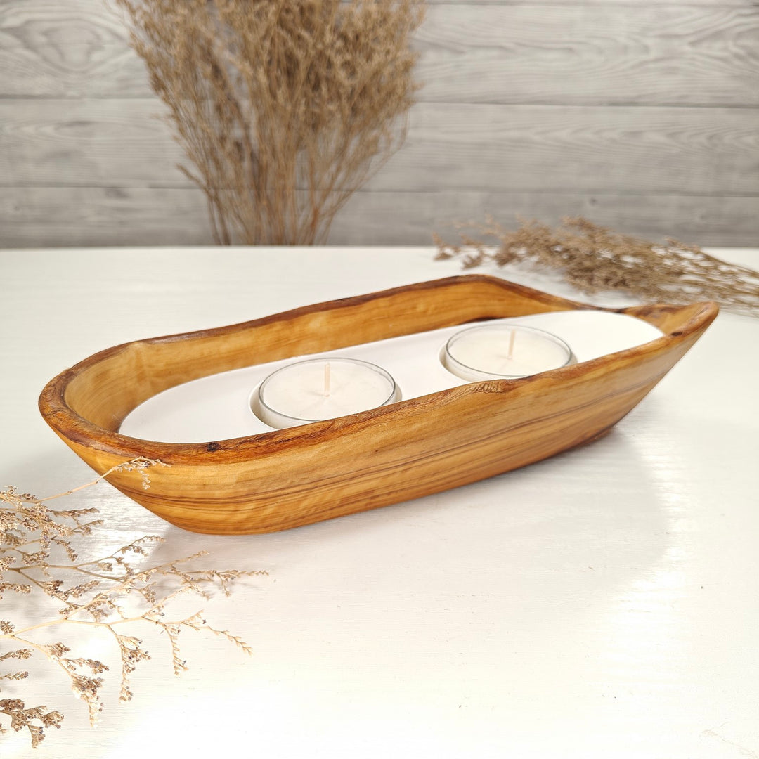 Teelicht-Kerze in Olivenholz-Boot, BRTC-L-00010, L 29cm, 60mm Teelicht