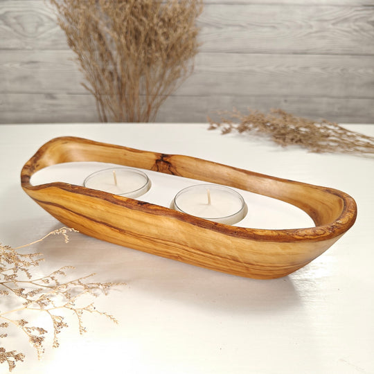 Teelicht-Kerze in Olivenholz-Boot, BRTC-L-00010, L 29cm, 60mm Teelicht