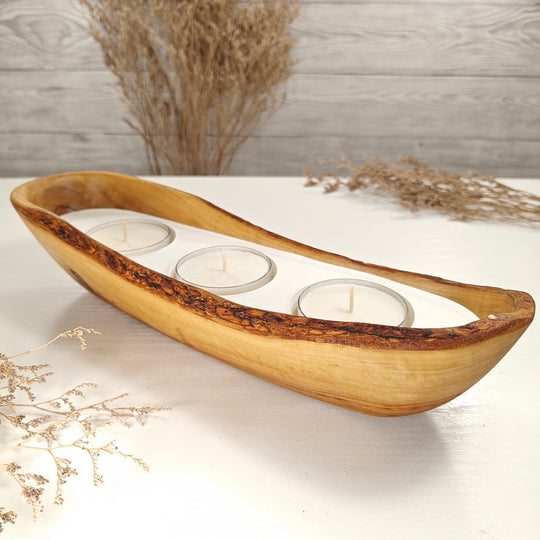 Teelicht-Kerze in Olivenholz-Boot, BRTC-L-00011, L 33cm, 60mm Teelicht