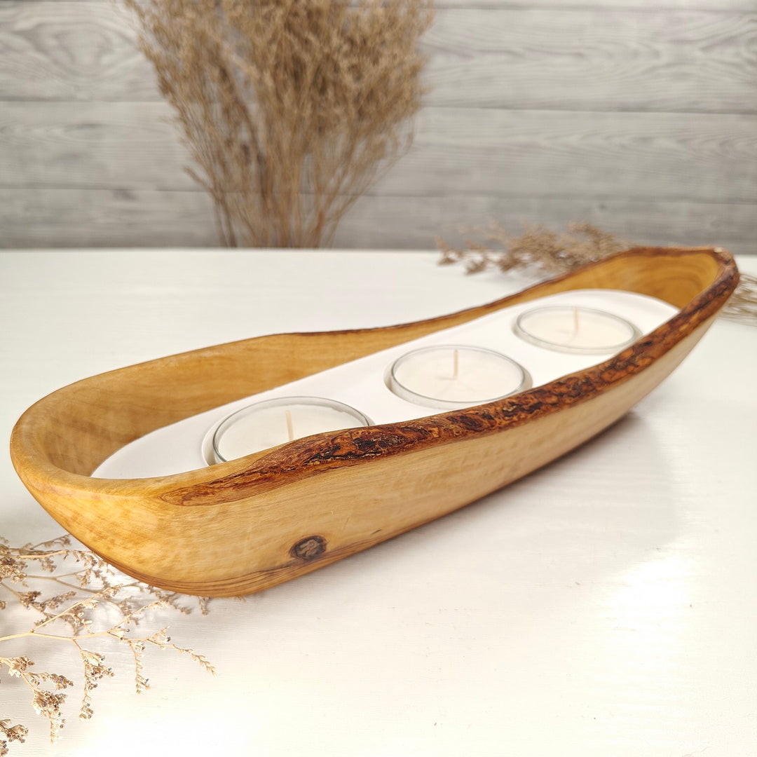 Teelicht-Kerze in Olivenholz-Boot, BRTC-L-00011, L 33cm, 60mm Teelicht
