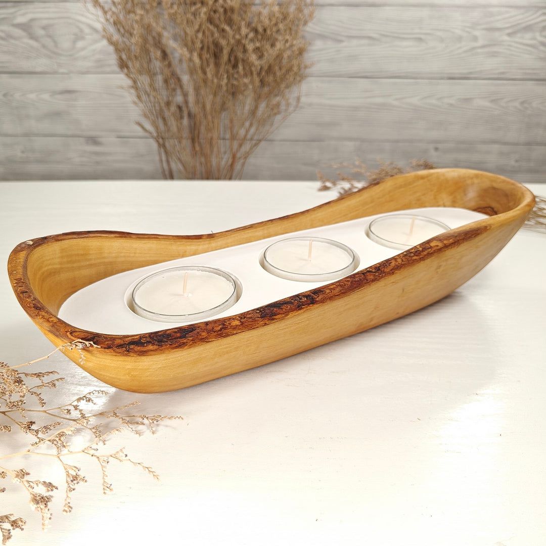 Teelicht-Kerze in Olivenholz-Boot, BRTC-L-00011, L 33cm, 60mm Teelicht