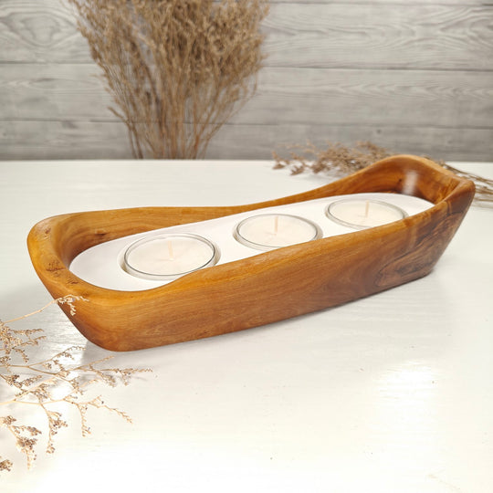 Teelicht-Kerze in Olivenholz-Boot, BRTC-L-00012, L 31cm, 60mm Teelicht