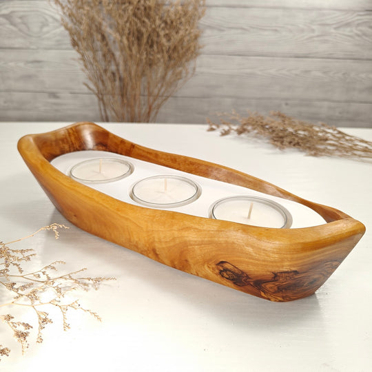 Teelicht-Kerze in Olivenholz-Boot, BRTC-L-00012, L 31cm, 60mm Teelicht