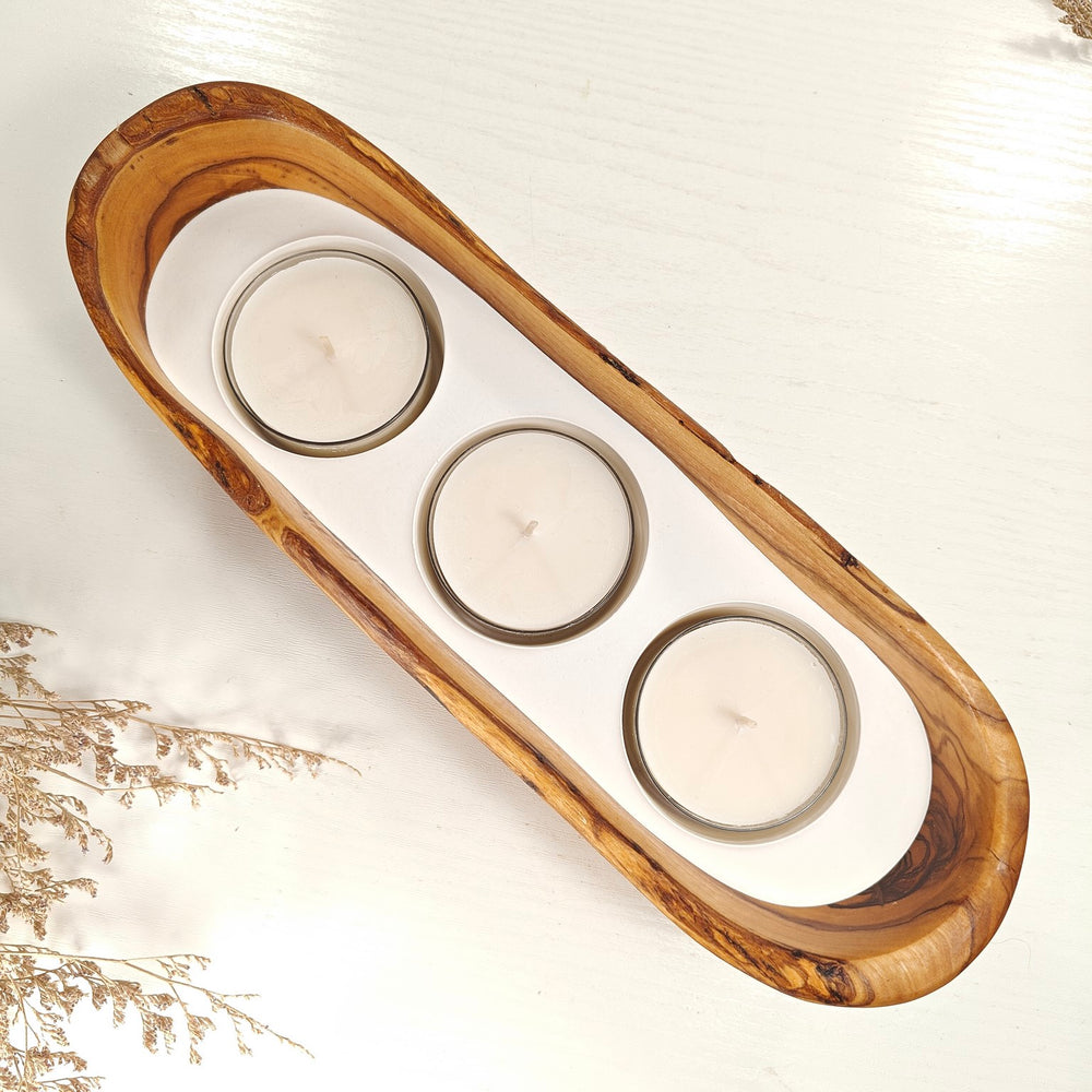 Teelicht-Kerze in Olivenholz-Boot, BRTC-L-00013, L 29cm, 60mm Teelicht