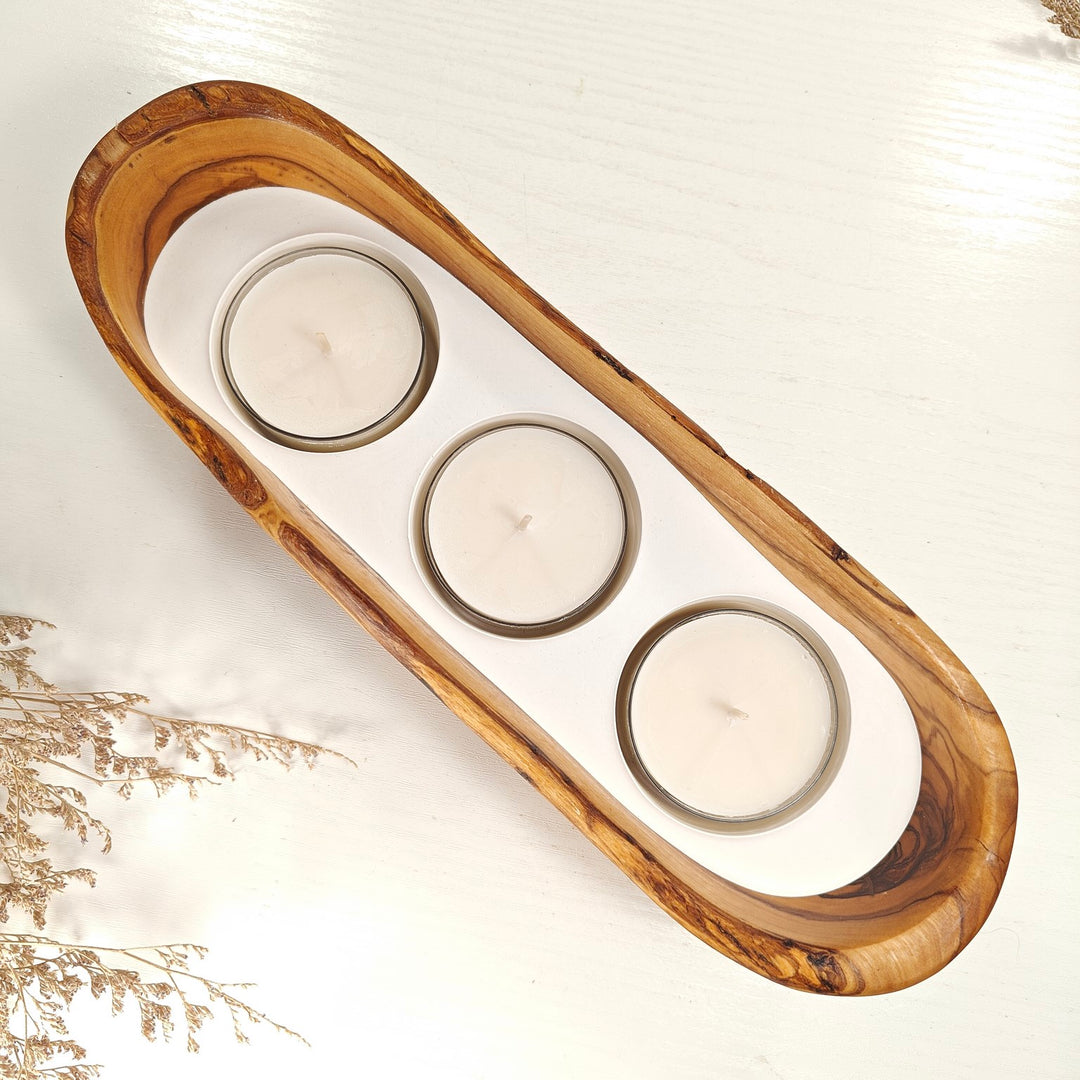Teelicht-Kerze in Olivenholz-Boot, BRTC-L-00013, L 29cm, 60mm Teelicht