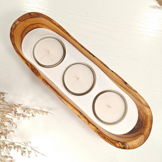 Teelicht-Kerze in Olivenholz-Boot, BRTC-L-00013, L 29cm, 60mm Teelicht