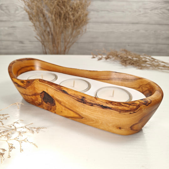 Teelicht-Kerze in Olivenholz-Boot, BRTC-L-00013, L 29cm, 60mm Teelicht