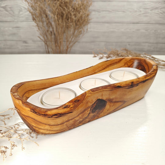 Teelicht-Kerze in Olivenholz-Boot, BRTC-L-00013, L 29cm, 60mm Teelicht