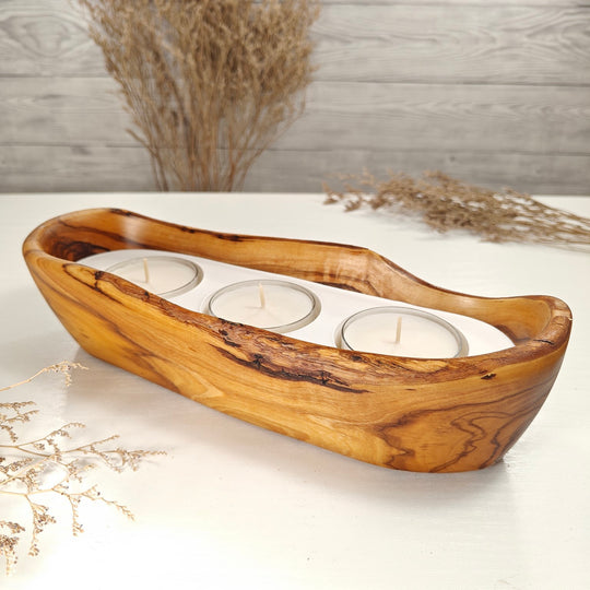 Teelicht-Kerze in Olivenholz-Boot, BRTC-L-00013, L 29cm, 60mm Teelicht