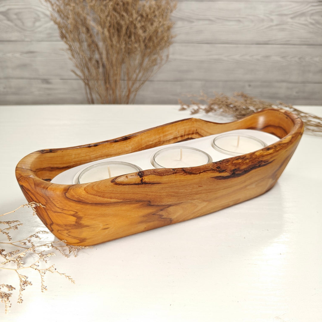 Teelicht-Kerze in Olivenholz-Boot, BRTC-L-00013, L 29cm, 60mm Teelicht