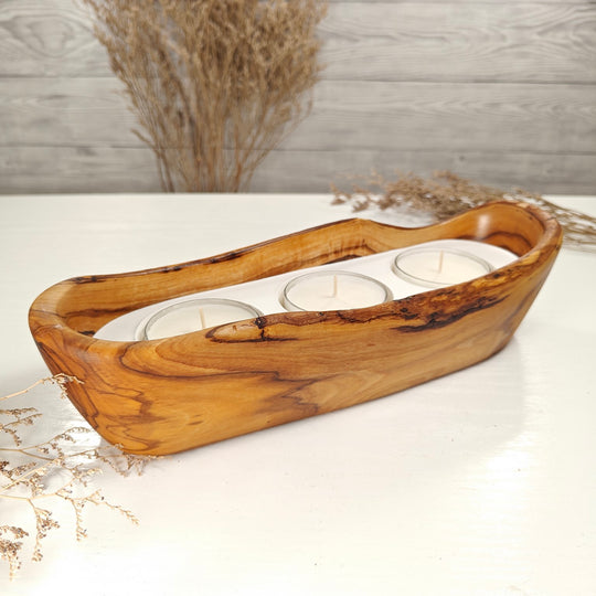 Teelicht-Kerze in Olivenholz-Boot, BRTC-L-00013, L 29cm, 60mm Teelicht