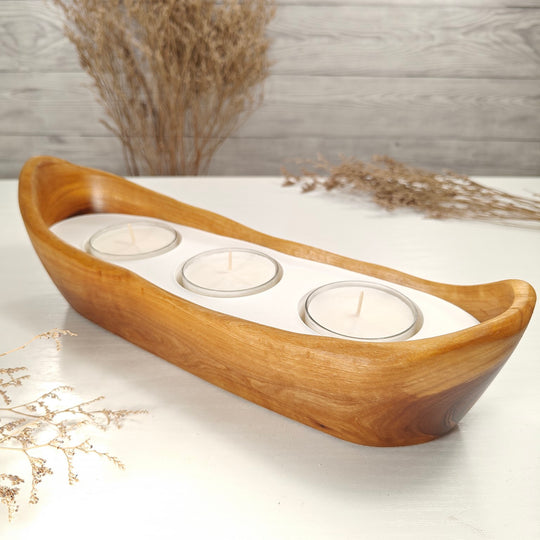 Teelicht-Kerze in Olivenholz-Boot, BRTC-L-00014, L 32cm, 60mm Teelicht