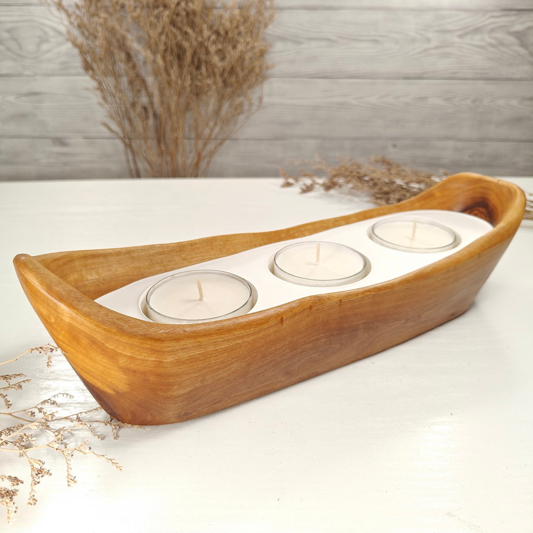 Teelicht-Kerze in Olivenholz-Boot, BRTC-L-00014, L 32cm, 60mm Teelicht