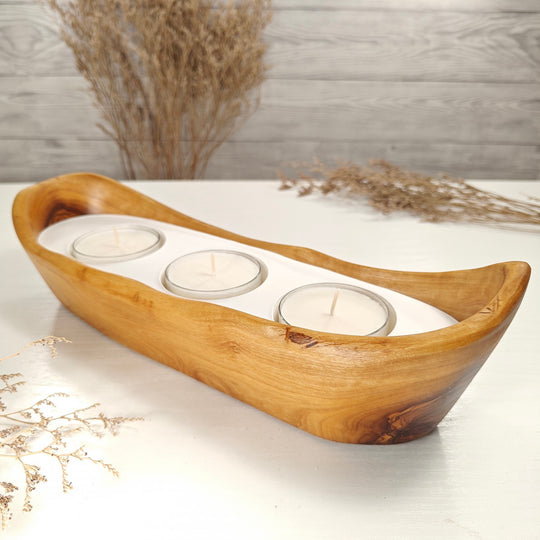 Teelicht-Kerze in Olivenholz-Boot, BRTC-L-00014, L 32cm, 60mm Teelicht