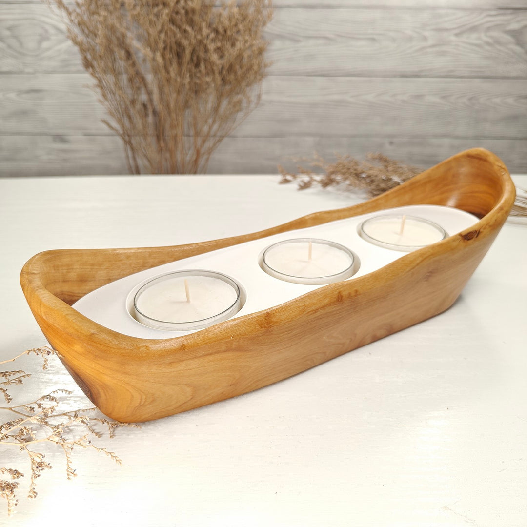 Teelicht-Kerze in Olivenholz-Boot, BRTC-L-00014, L 32cm, 60mm Teelicht