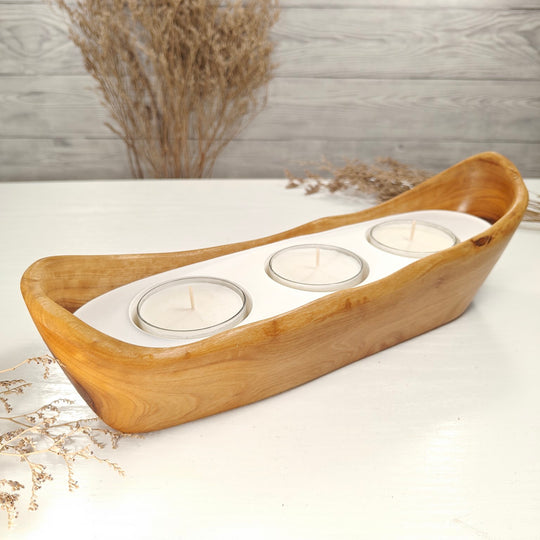 Teelicht-Kerze in Olivenholz-Boot, BRTC-L-00014, L 32cm, 60mm Teelicht