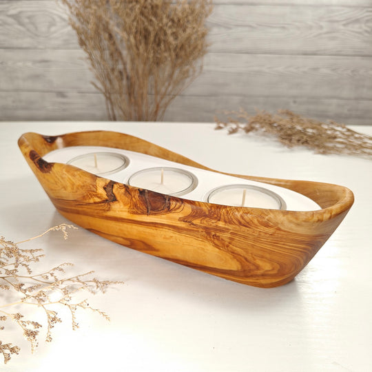 Teelicht-Kerze in Olivenholz-Boot, BRTC-L-00015, L 29cm, 60mm Teelicht
