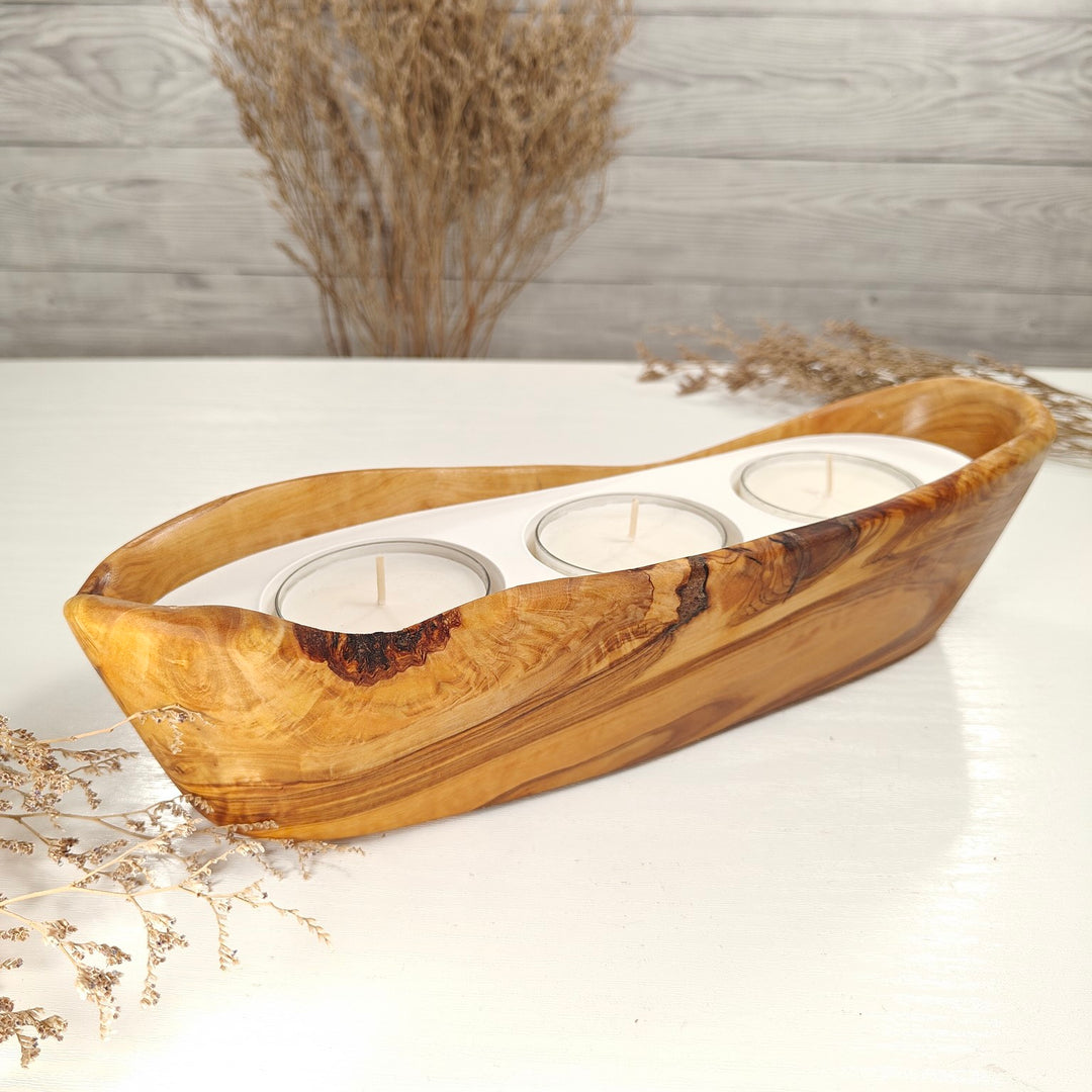 Teelicht-Kerze in Olivenholz-Boot, BRTC-L-00015, L 29cm, 60mm Teelicht