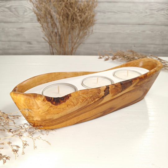 Teelicht-Kerze in Olivenholz-Boot, BRTC-L-00015, L 29cm, 60mm Teelicht