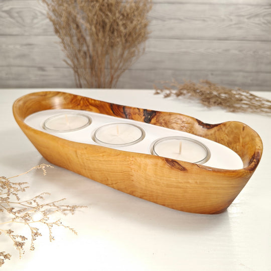 Teelicht-Kerze in Olivenholz-Boot, BRTC-L-00015, L 29cm, 60mm Teelicht