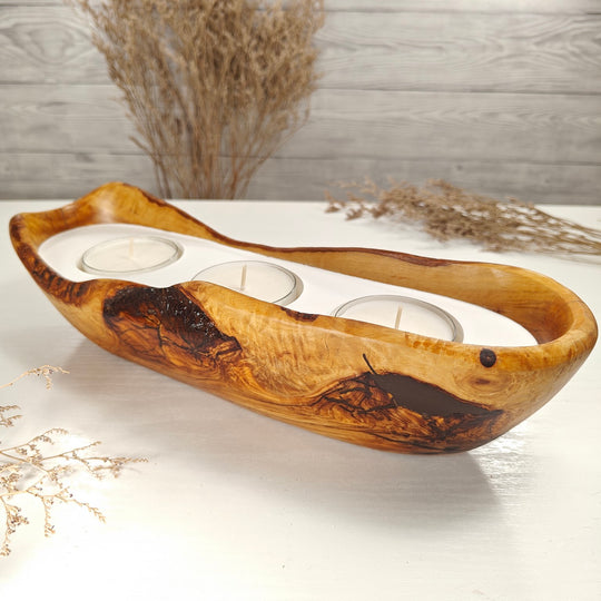 Teelicht-Kerze in Olivenholz-Boot, BRTC-L-00016, L 32cm, 60mm Teelicht