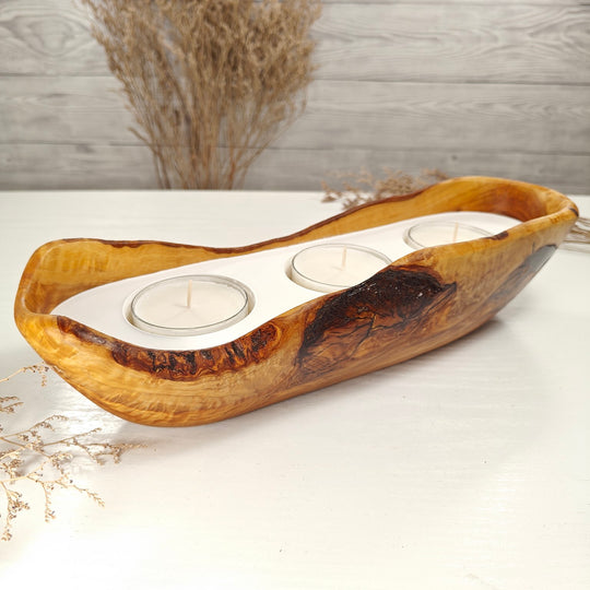 Teelicht-Kerze in Olivenholz-Boot, BRTC-L-00016, L 32cm, 60mm Teelicht