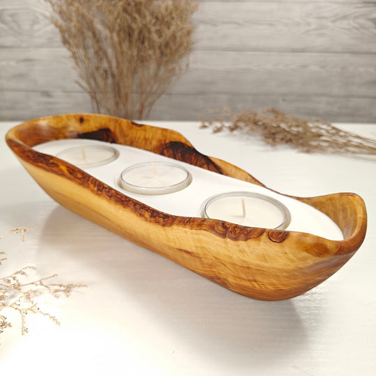 Teelicht-Kerze in Olivenholz-Boot, BRTC-L-00016, L 32cm, 60mm Teelicht