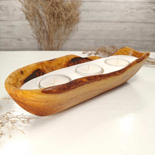 Teelicht-Kerze in Olivenholz-Boot, BRTC-L-00016, L 32cm, 60mm Teelicht