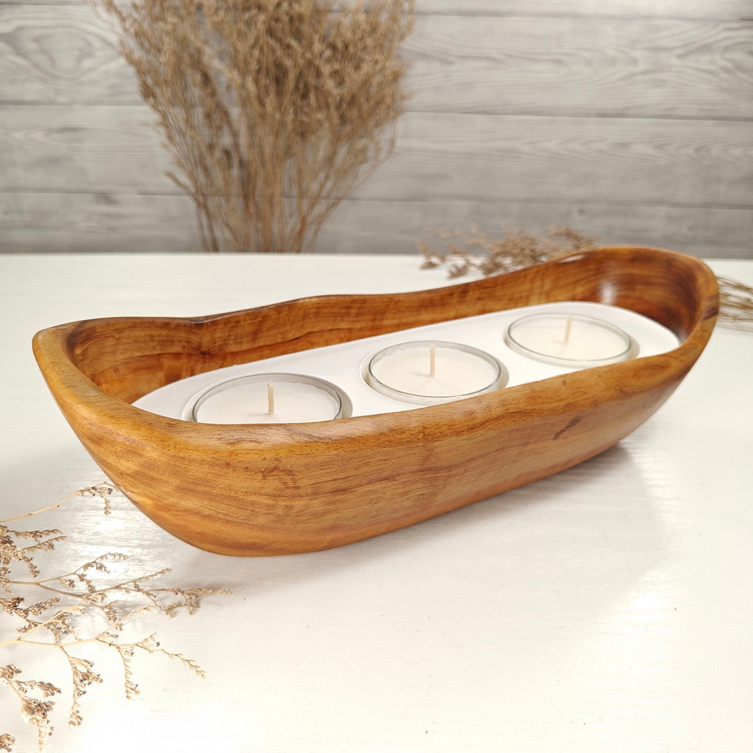 Teelicht-Kerze in Olivenholz-Boot, BRTC-L-00017, L 29cm, 60mm Teelicht