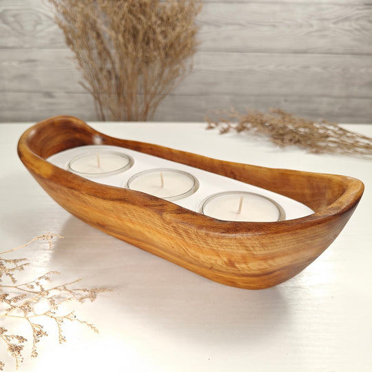 Teelicht-Kerze in Olivenholz-Boot, BRTC-L-00017, L 29cm, 60mm Teelicht
