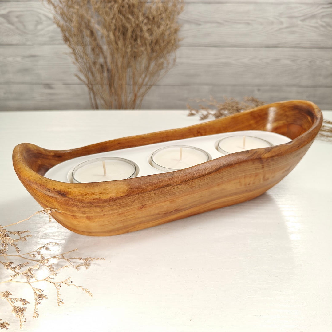 Teelicht-Kerze in Olivenholz-Boot, BRTC-L-00017, L 29cm, 60mm Teelicht