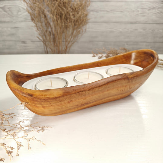 Teelicht-Kerze in Olivenholz-Boot, BRTC-L-00017, L 29cm, 60mm Teelicht