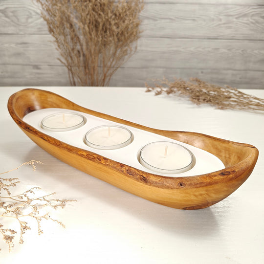Teelicht-Kerze in Olivenholz-Boot, BRTC-L-00018, L 32cm, 60mm Teelicht