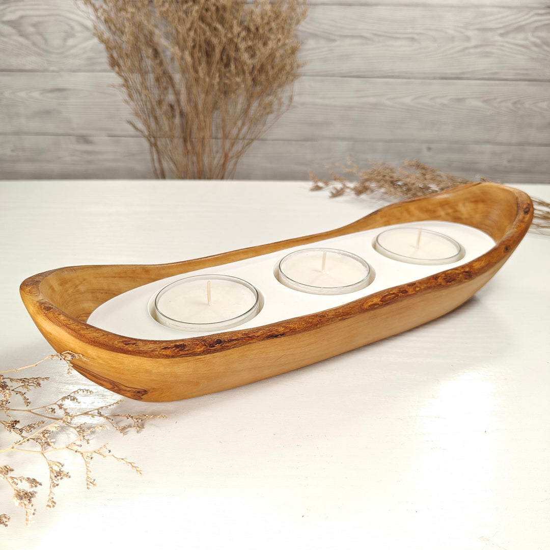 Teelicht-Kerze in Olivenholz-Boot, BRTC-L-00018, L 32cm, 60mm Teelicht