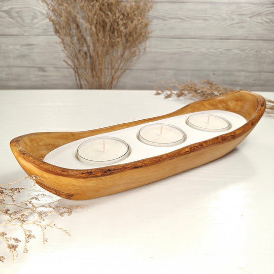 Teelicht-Kerze in Olivenholz-Boot, BRTC-L-00018, L 32cm, 60mm Teelicht