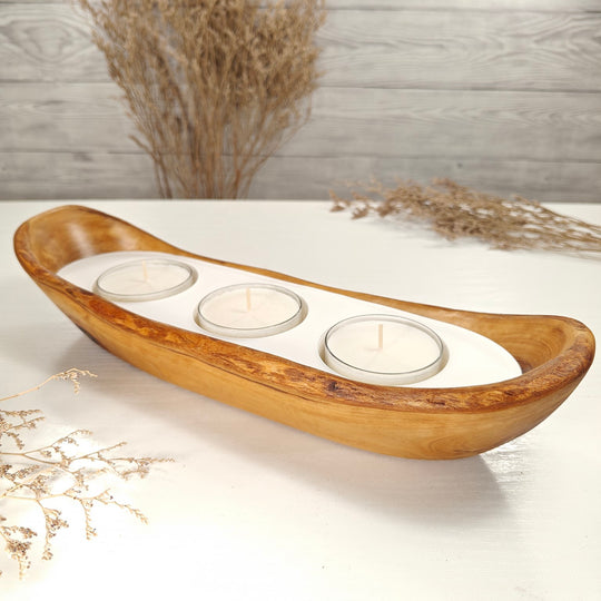 Teelicht-Kerze in Olivenholz-Boot, BRTC-L-00018, L 32cm, 60mm Teelicht